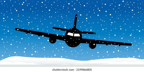 Snow landscape, snowy sky. Landing or soaring air plane line path. Take Off airplane, flight route. Vector aircraft background sign. Vacation, holliday winter sport.. 