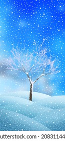 Snow landscape, tree in hoarfrost and blizzard. Festive winter drawing, vertical banner.