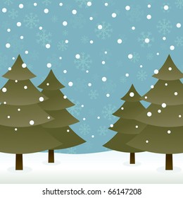 snow landscape with trees and snowflakes, trees with clipping mask