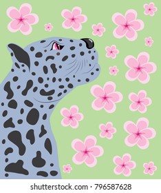 Snow leopard against the background of pink flowers