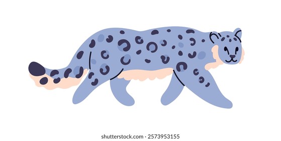 Snow leopard, exotic predator. Cute wild cat, feline animal, beast with spotted fur, walking. Endangered carnivore mammal, spotty wildcat. Flat vector illustration isolated on white background