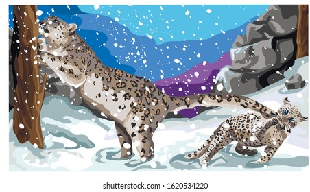 snow leopard female with cub