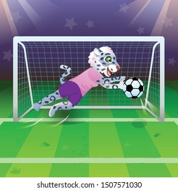 The snow leopard girl as a goalkeeper catching the soccer ball near gates on the field