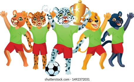 The snow leopard with goblet and soccer ball, and the team of cougar, jaguar, lion, panther is on the white background