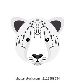Snow leopard head. Cute wild animals, characters portrait isolated on white background