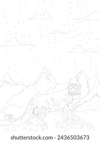 Snow leopard himalaya line art drawing for adult and kids coloring book