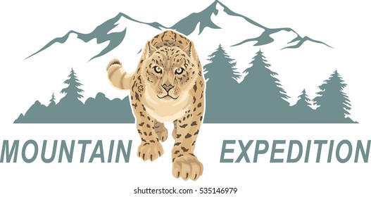 Snow leopard. Irbis. Emblem of mountain climbing. Symbol of outdoor adventure. Hiking badges label. Vector illustration
