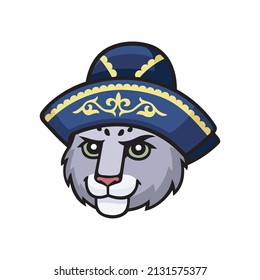 Leopardo de la nieve, cabeza de irbis con sombrero nacional kazajo. Ilustración de doodle de dibujos animados vectores, mascota, personaje, icono, logotipo de cara animal leopardo. Símbolo de Kazajistán