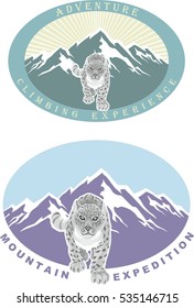 Snow leopard. Irbis. Set of emblem for mountain climbing. Symbol of outdoor adventure. Hiking badges label. Vector illustration
