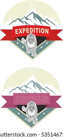 Snow leopard. Irbis. Set of emblem of mountain climbing. Symbol of outdoor adventure. Hiking badges label. Vector illustration
