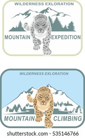 Snow leopard. Irbis. Set of emblem of mountain climbing. Symbol of outdoor adventure. Hiking badges label. Vector illustration
