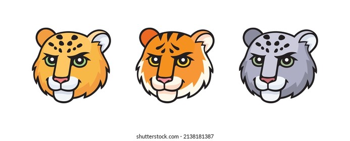 Snow leopard, irbis, leopard, tiger heads set. Vector cartoon comic doodle illustration, mascot, character, icon, logo of leopard animal face. Symbol of Kazakhstan