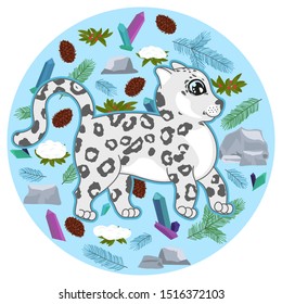 сute snow leopard kitten with spruce branches, crystals, stones, cones, snow covered bush on blue background, cartoon drawing funny animals, wild cat kitten isolated, editable vector illustration