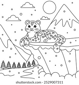 Snow leopard lay on a rocky out crop outline coloring page. Christmas and Winter Animal Illustration 