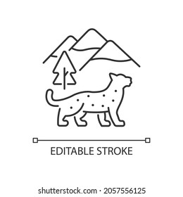 Lineares Symbol für Schneelopard. Wilde Tiere leben in Nepal. Räuber aus dem Himalaya. gefährdete Arten Dünne, anpassbare Illustration. Contour-Symbol. Vektor-einzelne Rahmenzeichnung. Bearbeitbarer Hub