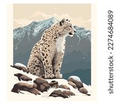 Snow leopard in the mountains. Threatened or endangered species animals. Flat vector illustration concept