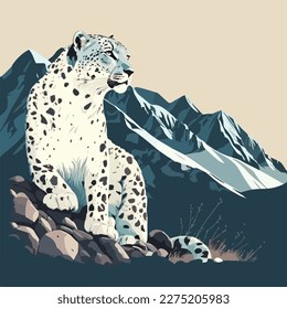 Snow leopard in the mountains. Threatened or endangered species animals. Flat vector illustration concept