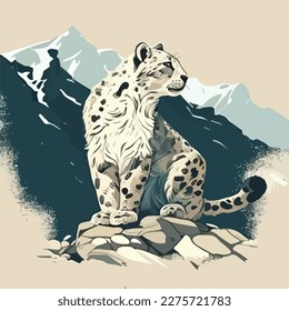 Snow leopard in the mountains. Threatened or endangered species animals. Flat vector illustration concept