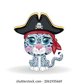Snow leopard pirate, cartoon character of the game, wild cat in a bandana and a cocked hat with a skull, with an eye patch. Character with bright eyes Isolated on white