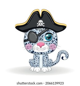 Snow leopard pirate, cartoon character of the game, wild cat in a bandana and a cocked hat with a skull, with an eye patch. Character with bright eyes Isolated on white
