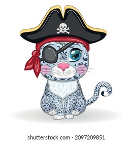 Snow leopard pirate, cartoon character of the game, wild cat in a bandana and a cocked hat with a skull, with an eye patch. Character with bright eyes Isolated on white