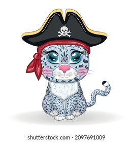 Snow leopard pirate, cartoon character of the game, wild cat in a bandana and a cocked hat with a skull, with an eye patch. Character with bright eyes Isolated on white