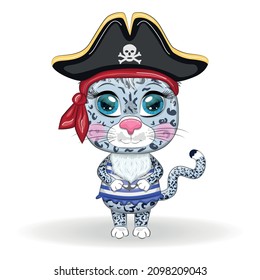 Snow leopard pirate, cartoon character of the game, wild cat in a bandana and a cocked hat with a skull, with an eye patch. Character with bright eyes Isolated on white