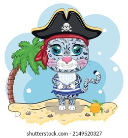 Snow leopard pirate, cartoon character of the game, wild cat in a bandana and a cocked hat with a skull, with an eye patch. Character with bright eyes on the beach with palm trees