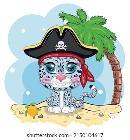 Snow leopard pirate, cartoon character of the game, wild cat in a bandana and a cocked hat with a skull, with an eye patch. Character with bright eyes on the beach with palm trees