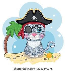Snow leopard pirate, cartoon character of the game, wild cat in a bandana and a cocked hat with a skull, with an eye patch. Character with bright eyes on the beach with palm trees