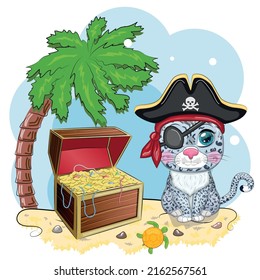 Snow leopard pirate, cartoon character of the game, wild cat in a bandana and a cocked hat with a skull, with an eye patch. Character with bright eyes and treasure chest