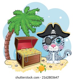 Snow leopard pirate, cartoon character of the game, wild cat in a bandana and a cocked hat with a skull, with an eye patch. Character with bright eyes and treasure chest