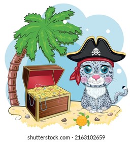 Snow leopard pirate, cartoon character of the game, wild cat in a bandana and a cocked hat with a skull, with an eye patch. Character with bright eyes and treasure chest