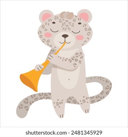 A snow leopard plays the pipe. Circus. Circus actor. Fluffy animal. Trick. Decoration for a holiday or fair. Vector illustration isolated on white background.