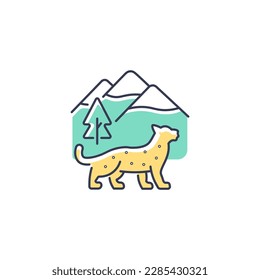 Snow leopard RGB color icon. Wild animal living in Nepal mountain. Predator of Himalayan ecosystem. Endangered species. High alpine areas. Isolated vector illustration. Simple filled line drawing