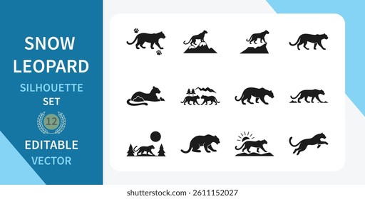 Snow Leopard Silhouette Vector Set. Wildlife, Animal, Mountain, Nature, Design and More. Vector illustration.