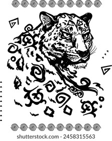 Snow leopard t shirt print, kazakh art, tattoo style 