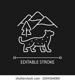 Snow leopard white linear icon for dark theme. Wild animal living in Nepal. Himalayan predator. Thin line customizable illustration. Isolated vector contour symbol for night mode. Editable stroke