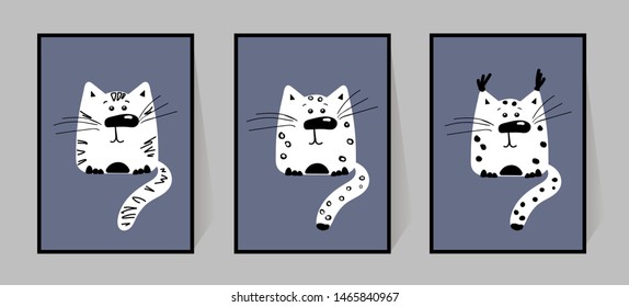 Snow leopard, white tiger and lynx. Funny cartoon animals. Characters in doodle style. Set of monochrome posters for wall decor in the nursery. For printing on fabric, shirt. Woodland. Cute wild cats