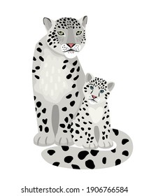 Snow leopards. Cartoon wild mammals with spots, exotic beasts of wildlife, vector illustration of aggressive cats isolated on white background