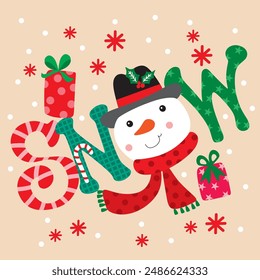 Snow Lettering with Snowman Character For Christmas Card or Bag design