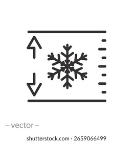 snow level icon, snowflake and arrows, ice layer, snow cover thickness, winter precipitation height, thin line symbol on white background - editable stroke vector illustration
