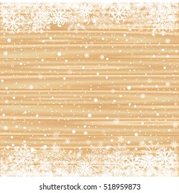 Snow and light brown wood backdrop. Christmas bright wooden background texture