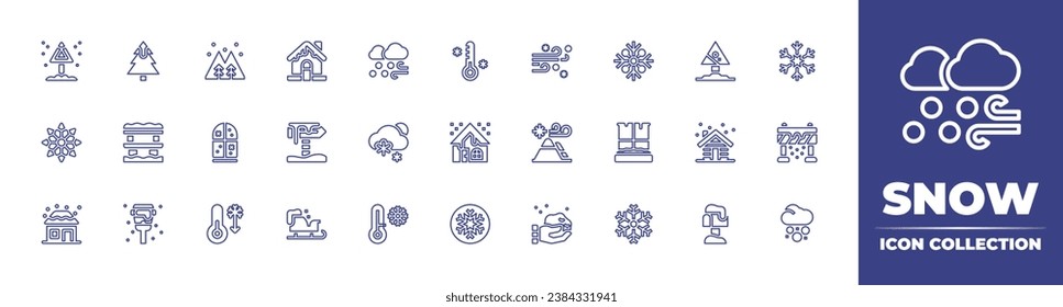 Colección de iconos de la línea de nieve. Trazo editable. Ilustración vectorial. Con nieve, bosque, invierno, nieve, ventana, frío, termómetro, copo de nieve, señal de carretera, baja temperatura, casa, avalancha.