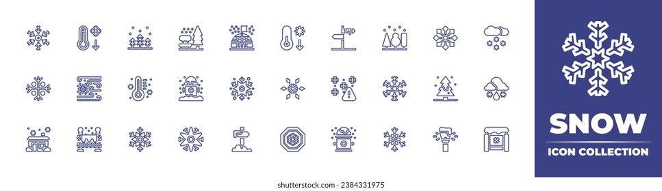 Colección de iconos de la línea de nieve. Trazo editable. Ilustración vectorial. Conteniendo bosque, termómetro, copo de nieve, iglú, señal de carretera, casa, banco, copos de nieve, hidrante de fuego, pino, farol, nevada.