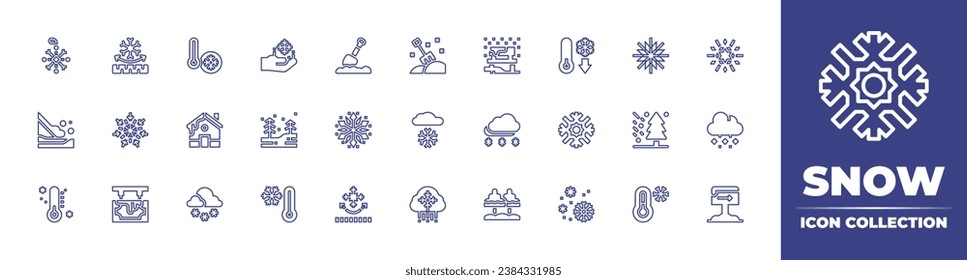 Colección de iconos de la línea de nieve. Trazo editable. Ilustración vectorial. Con copo de nieve, cabaña, pala, copos de nieve, nieve, copos de nieve, nieve, nieve, a prueba de nieve, superpotencia, ventisca, bosque, disminución, frío.