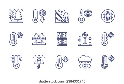 Juego de iconos de la línea de nieve. Trazo editable. Ilustración vectorial. Conteniendo blizzard, copo de nieve, avalancha, disminución, temperatura, frío, ventana, baja temperatura, termómetro, temperatura fría, árboles.