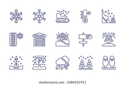 Snow-line-Symbol-Set. Bearbeitbarer Strich. Vektorgrafik. Mit Schlitten, Schneeflocken, Lawine, Kaltes, Schnee, Reifen, Kiefer, Schneefall, Schneeflocken, Bäume, Schneeflocken, Schild, Garage, Wald, Parkzeichen.