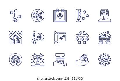 Snow line icon set. Editable stroke. Vector illustration. Containing snowflake, thermometer, winter, snowfall, direction sign, street light, super power, chimney, low temperature, sign, house, cabin.