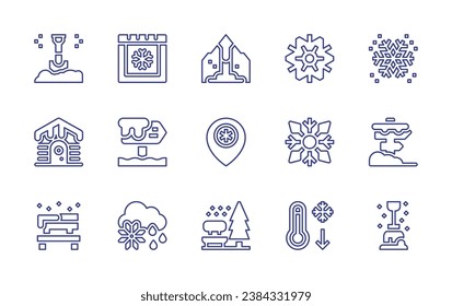 Snow line icon set. Editable stroke. Vector illustration. Containing shovel, snowflake, avalanche, cabin, road sign, location, bench, calendar, freezing rain, thermometer.